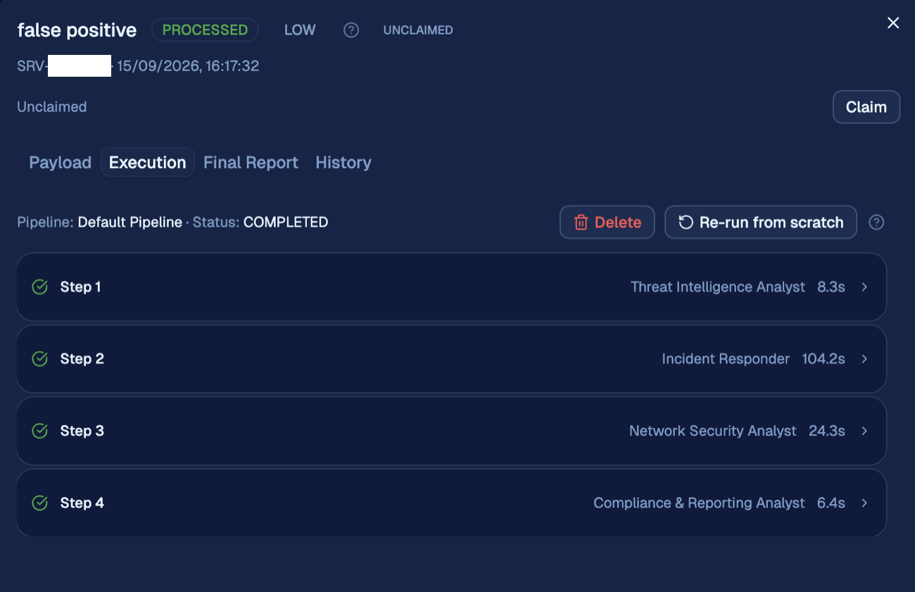 Azyrion dashboard interface: alert detail showing the four-agent pipeline